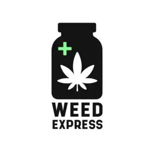 Weed Express logo. Black bottle with cannabis leaf and green plus sign.