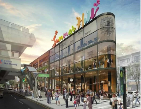 Rendering of the community mall, "The Jas Ramintra," with shops and a fitness center near the Phra Khanong BTS station.
